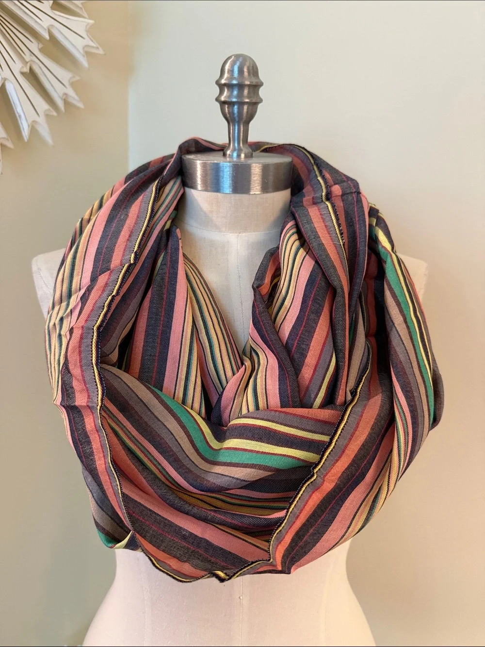 Copper Key Multicolor Striped Infinity Scarf with Pink, Green & Yellow